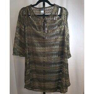 Jordan Taylor Metallic Mesh CoverUp Dress L Gold Black Cold Shoulder Resort Swim